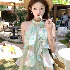 批发Acaine仲夏手信/中长款无袖挂脖刺绣波浪蛋糕连衣裙女夏甜美裙子