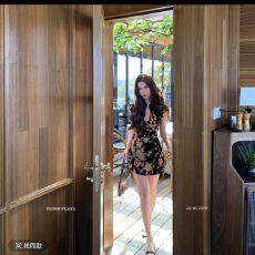 批发洛神赋 黑色丝绒撞色修身旗袍夏薄款新中式国风短款连衣裙