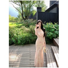批发花神芙罗拉法式荡领蕾丝拼接连衣裙印花长款吊带裙