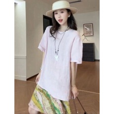 批发风眠初醒亚麻气质温柔极简慵懒风百搭显瘦短袖上衣女