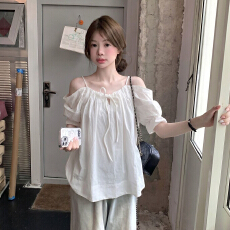 批发韩系ins风夏季一字肩吊带<b class='q'>宽松</b>泡泡袖系带上衣女百搭小衫