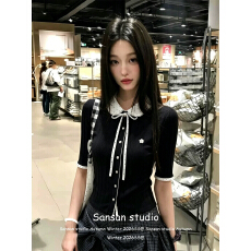 批发娃娃领波点短袖针织开衫女夏季穿搭<b class='q'>黑色</b><b class='q'>t</b><b class='q'>恤</b>收腰显瘦学院风上衣tee