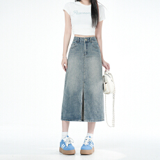 批发经典休闲｜大众韩风感｜耐看<b class='q'>百搭</b>单品 高腰开叉A字牛仔裙女