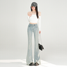 批发浅色微喇<b class='q'>牛仔裤</b>女春节2026新款高腰显瘦遮胯<b class='q'>弹力</b>毛边马蹄喇叭裤子
