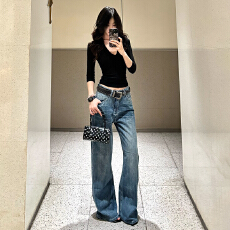 批发2026新款浅蓝休闲阔腿裤女高腰垂感宽松直筒裤百搭显瘦牛仔裤裤