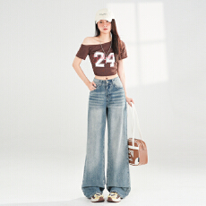 批发美式浅色阔腿牛仔裤女2026<b class='q'>春</b>季新款简约百搭高腰宽松直筒拖地裤子