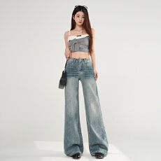 批发浅蓝水洗猫须抓纹直筒阔腿牛仔长裤美式复古低腰宽松显瘦拖地长裤