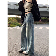 批发新款经典直筒阔腿皮牌设计感浅色牛仔拖地裤遮肉显瘦