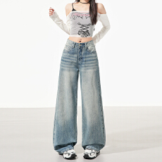 批发新款来袭~｜轻松世代｜经典直筒阔腿｜皮牌设计感浅色牛仔裤女