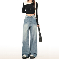 批发复古水洗低腰阔腿牛仔裤女春<b class='q'>秋</b>2026新款宽松显瘦设计感绣标直筒裤