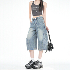 松弛街头｜清爽感牛仔单品 解构弯刀牛仔七分短裤子