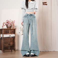 批发清丽原生感｜俏皮小猫｜ 抽绳设计微喇叭阔腿显瘦<b class='q'>牛仔裤</b>女