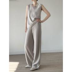 批发韩系松弛感凉感双曲面料竖条纹针织套装女<b class='q'>夏</b>V领无袖上衣+阔腿裤