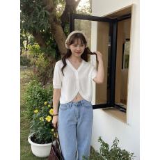 批发简约百搭V领针织开衫女<b class='q'>夏</b>薄款纯色天丝短袖短款外搭罩衫