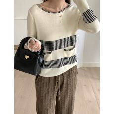批发撞色条纹<b class='q'>针织衫</b>女春秋薄款圆领口袋设计感宽松长袖上衣