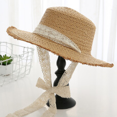 手工编织女士夏季长蕾丝带平顶帽