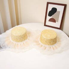 批发平顶珍珠网纱麦秆草帽洛丽塔装扮帽子<b class='q'>夏</b>季遮阳防晒帽田园风户外帽