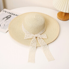 批发新款包边大檐草帽蕾丝蝴蝶结遮阳草帽<b class='q'>夏</b>天户外时尚女士帽子草编帽