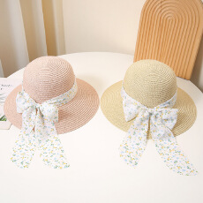 批发<b class='q'>夏</b>季小碎花草帽海边旅游度假防晒遮阳沙滩帽子蝴蝶结绑带圆顶草编