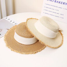 批发平顶草帽女<b class='q'>夏</b>天海边沙滩遮阳防晒帽草编大帽檐遮脸防晒毛边遮阳帽