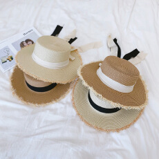 批发新款女士拉菲草毛边平顶帽草编帽<b class='q'>夏</b>季沙滩宽檐帽子防晒草帽太阳帽