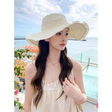 批发新款甜美大蝴蝶结遮阳草帽珍珠毛边时尚大帽檐太阳帽户外防晒帽子