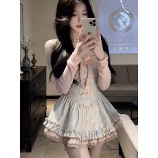 批发学院风甜美可爱<b class='q'>蓬蓬</b><b class='q'>裙套装</b>女2026夏季新款粉色开衫上衣吊带连衣裙