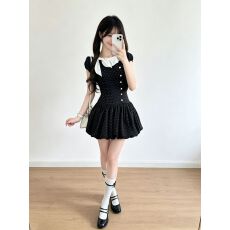 批发日系古早千金风波点<b class='q'>连衣裙</b>女夏季新款蝴蝶结泡泡袖公主风花苞短裙