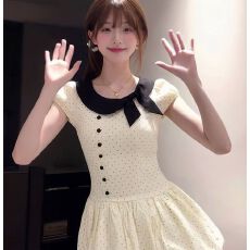 批发日系古早千金风波点<b class='q'>连衣裙</b>夏季新款蝴蝶结泡泡袖别致日常花苞短裙