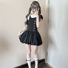 批发日系古早千金风波点<b class='q'>连衣裙</b>夏季新款蝴蝶结泡泡袖别致日常花苞短裙