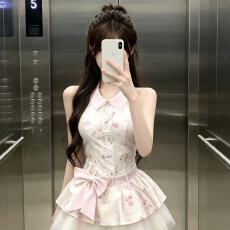 批发甜美学院风无袖碎花<b class='q'>连衣裙</b>女夏季粉色蝴蝶结收腰显瘦公主蓬蓬裙子