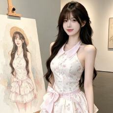 批发甜美学院风无袖碎花<b class='q'>连衣裙</b>女夏季粉色蝴蝶结收腰显瘦公主蓬蓬裙