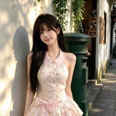 批发甜美学院风无袖碎花<b class='q'>连衣裙</b>女夏季粉色蝴蝶结收腰显瘦公主蓬蓬裙