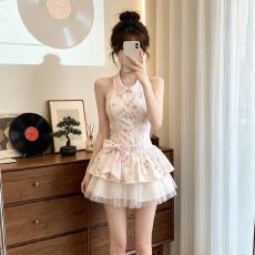 批发甜美温柔风无袖碎花<b class='q'>连衣裙</b>女夏季收腰显瘦粉色蝴蝶结公主蓬蓬裙子