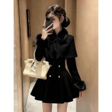 批发财阀千金小香风名媛淑女斗篷披风毛呢外套修身小个子大摆<b class='q'>连衣裙</b>女