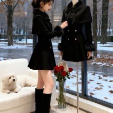 批发财阀千金小香风名媛淑女斗篷披风毛呢外套修身小个子大摆<b class='q'>连衣裙</b>女