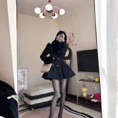 批发复古千金赫本风掐腰伞摆大衣<b class='q'>连衣裙</b>女秋冬气质名媛感开衫毛呢外套
