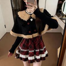 批发收腰显瘦学院风甜美圣诞假两件格纹连衣裙+披肩斗篷<b class='q'>套装</b>女秋冬季