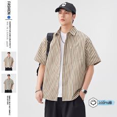 批发广州货100%棉条纹基础衬衫短袖男生新款夏季百搭宽松休闲衬衣上衣