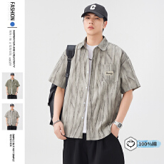 批发广州货100%棉条纹基础衬衫短袖男生新款夏季百搭宽松休闲衬衣上衣