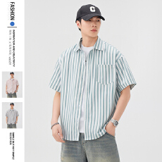 广州货条纹基础衬衫短袖男生新款夏季百搭宽松休闲衬衣上衣外套