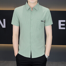 广州货夏季新款泡泡格长袖衬衫商务休闲衬衣男免烫抗皱修身衬衫