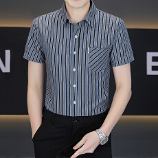 批发广州货条纹<b class='q'>衬衫</b><b class='q'>男</b>士短袖免烫商务休闲帅气<b class='q'>衬衣</b>夏季口袋新款寸衫