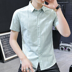 广州货衬衫男短袖修身休闲韩版夏季新款潮流刺绣纯色棉质上衣