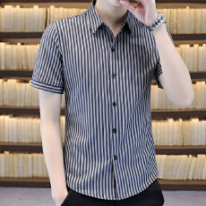 广州货潮牌韩版修身翻领短袖衬衫男夏季薄款条纹休闲潮衬衣男上衣