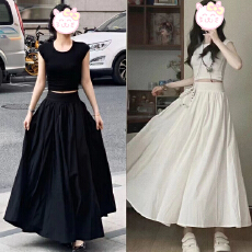 批发赫本风法式套装女修身短袖T恤夏季大裙摆a字裙<b class='q'>半身裙</b>气质两件套装