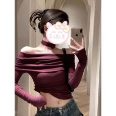 批发纯欲辣妹性感一字肩上衣女秋<b class='q'>冬</b>设计感小众挂脖长袖t恤打底衫内搭