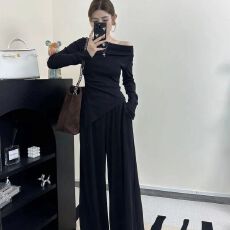 批发纯欲风辣妹穿搭时尚套装女秋装不规则一<b class='q'>字</b>肩长袖上衣阔腿<b class='q'>裤</b><b class='q'>两件套</b>