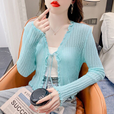 批发春夏木耳边 v领薄款开衫单件长袖防晒衫女外搭短款针织空调防晒衫