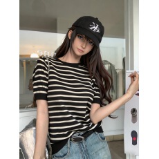 批发短袖条纹针织衫女式夏季薄款2026新款短袖圆领<b class='q'>T</b><b class='q'>恤</b>打底衫 撞色上衣